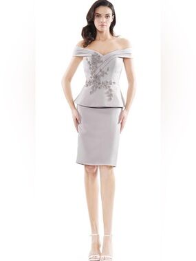 MARSONI BY COLORS STYLE #MV1059 Off-the-Shoulder Taupe Peplum Satin Dress sz 6
